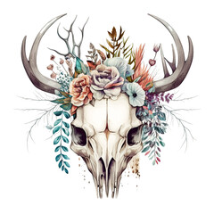 head of deer skull with flower watercolor drawing, Generative AI