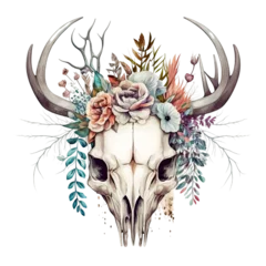 Peel and stick wall murals Aquarel Skull head of deer skull with flower watercolor drawing, Generative AI
