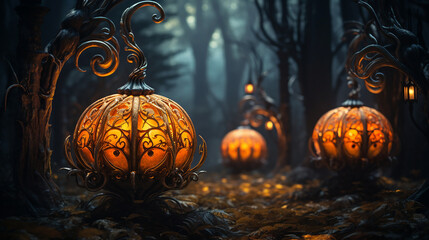Spooky Halloween Samhain Wicca beautifully carved pumpkins in scary wood