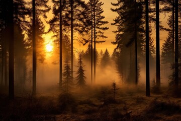 Fototapeta na wymiar forest landscape with golden mist at sunset