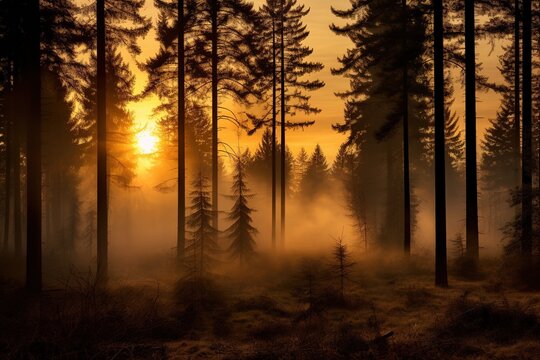 forest landscape with golden mist at sunset
