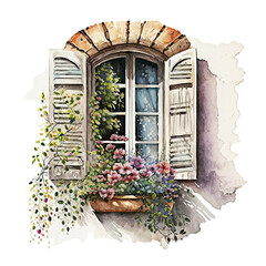 Rustic french window with flowers watercolor drawing, Generative AI