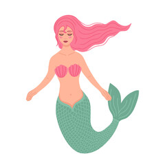 Cute mermaid with pink hair. Vector Illustration for printing, backgrounds, covers and packaging. Image can be used for greeting cards, posters, stickers and textile. Isolated on white background.