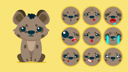 Cute hyena, set of animal emotions, tiny hyena with emoji collocation, sleeping, crying, sad, Bored, happy, excited, lovable, surprised, careless, confident, terrifled, stunned, Flat Vector avatar