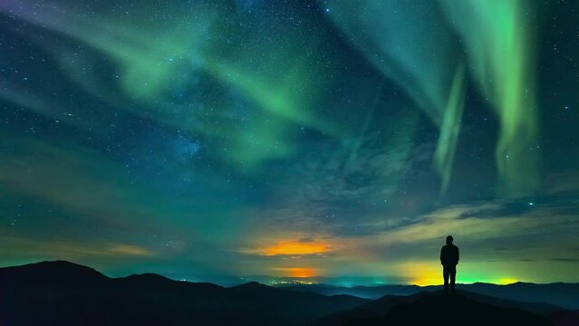 Mesmerizing dance of the northern lights in the starry sky above the dark silhouettes of the jagged rocks