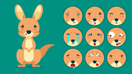 Obraz na płótnie Canvas Cute kangaroo, set of animal emotions, tiny kangaroo with emoji collocation, sleeping, crying, sad, Bored, happy, excited, lovable, surprised, careless, confident, terrifled, stunned, Flat Vector 