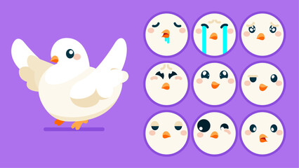 Cute dove, set of animal emotions, tiny dove with emoji collocation, sleeping, crying, sad, Bored, happy, excited, lovable, surprised, careless, confident, terrifled, stunned, Flat Vector avatar