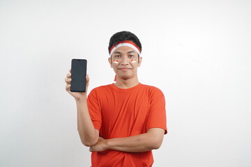 man is celebrating independence day hold blank phone screen.