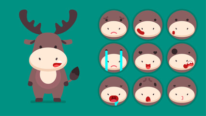 Cute deer, set of animal emotions, tiny deer with emoji collocation, sleeping, crying, sad, Bored, happy, excited, lovable, surprised, careless, confident, terrifled, stunned, Flat Vector avatar