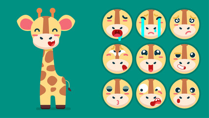 Cute giraffe, set of animal emotions, tiny giraffe with emoji collocation, sleeping, crying, sad, Bored, happy, excited, lovable, surprised, careless, confident, terrifled, stunned, Flat Vector avatar