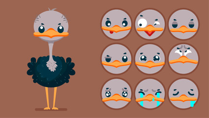 Cute ostrich, set of animal emotions, tiny ostrich with emoji collocation, sleeping, crying, sad, Bored, happy, excited, lovable, surprised, careless, confident, terrifled, stunned, Flat Vector avatar