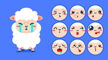 Cute sheep, set of animal emotions, tiny sheep with emoji collocation, sleeping, crying, sad, Bored, happy, excited, lovable, surprised, careless, confident, terrifled, stunned, Flat Vector avatar
