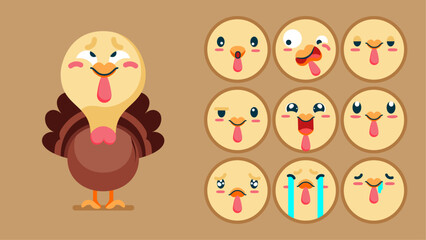Fototapeta premium Cute turkey, set of animal emotions, tiny turkey with emoji collocation, sleeping, crying, sad, Bored, happy, excited, lovable, surprised, careless, confident, terrifled, stunned, Flat Vector avatar