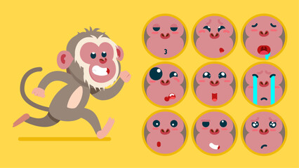 Obraz premium Cute Baboons, set of animal emotions, tiny monkey with emoji collocation, sleeping, crying, sad, Bored, happy, excited, lovable, surprised, careless, confident, terrifled, stunned, Flat Vector avatar