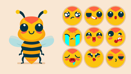 Cute wasp, set of animal emotions, tiny bee with emoji collocation, sleeping, crying, sad, Bored, happy, excited, lovable, surprised, careless, confident, terrifled, stunned, Flat Vector avatar