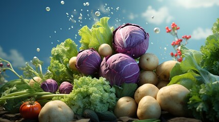 Healthy vegetables carrots, cabbage, potatoes, grren salad, herbs, tomatoes, vegetable set for salad, soups - obrazy, fototapety, plakaty