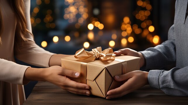Persons holding a gift box for xmas celebrate. Generative AI