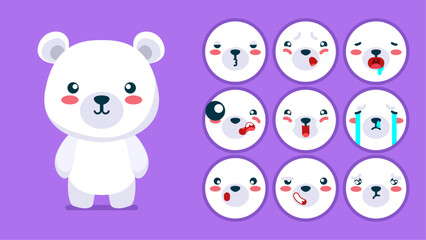 Cute Polar bear, set of animal emotions, tiny Polar bear with emoji collocation, sleeping, crying, sad, Bored, happy, excited, lovable, surprised, careless, confident, terrifled, stunned, Flat Vector