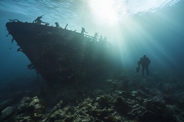 Fototapeta premium Photograph of people diving on historic shipwrecks, Generative AI