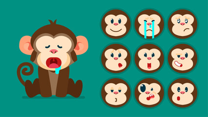 Cute monkey, set of animal emotions, tiny monkey with emoji collocation, sleeping, crying, sad, Bored, happy, excited, lovable, surprised, careless, confident, terrifled, stunned, Flat Vector avatar