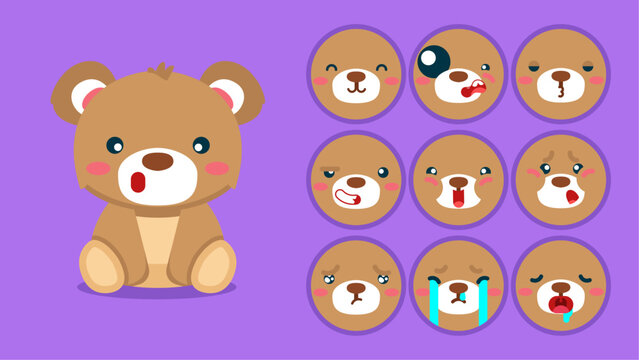 Cute Grizzly Bear, Set Of Animal Emotions, Tiny Teddy With Emoji Collocation, Sleeping, Crying, Sad, Bored, Happy, Excited, Lovable, Surprised, Careless, Confident, Terrifled, Stunned, Flat Vector