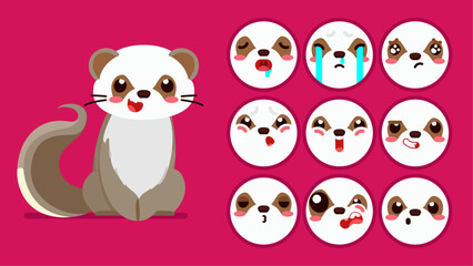 Cute Weasel, set of animal emotions, tiny Weasel with emoji collocation, sleeping, crying, sad, Bored, happy, excited, lovable, surprised, careless, confident, terrifled, stunned, Flat Vector avatar