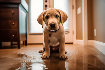 Little beige colored Labrador dog puppy seated on wet floor next to puddle. Generative AI. - obrazy, fototapety, plakaty