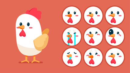 Cute chicken, set of animal emotions, tiny chicken with emoji collocation, sleeping, crying, sad, Bored, happy, excited, lovable, surprised, careless, confident, terrifled, stunned, Flat Vector avatar
