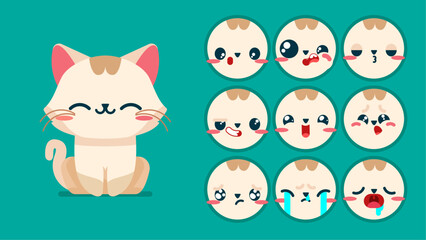 Cute cat, set of animal emotions, tiny kitten with emoji collocation, sleeping, crying, sad, Bored, happy, excited, lovable, surprised, careless, confident, terrifled, stunned, Flat Vector avatar