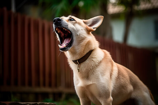 Neighbour big dog with grin with teeth howling and barking loudly at backyard. Generative AI.