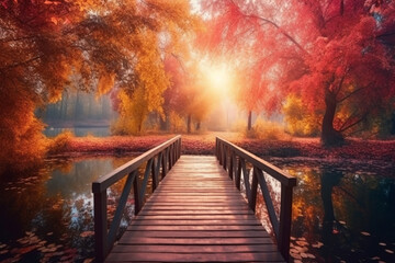 Old wooden bench in the autumn park under colorful trees with golden leaves Generative AI