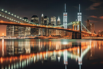 Obraz na płótnie Canvas Brooklyn bridge and New York City Manhattan downtown skyline at dusk with skyscrapers illuminated over East River panorama. Copy space. Generative AI