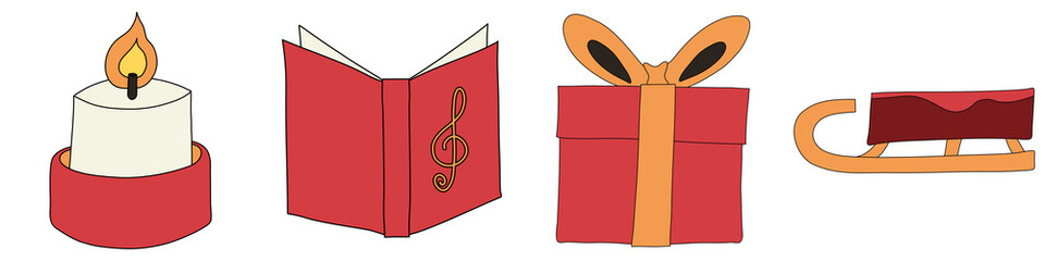 A set of Christmas cartoon ornament PNG transparent background in a hand-drawn minimal xmas concept, illustration