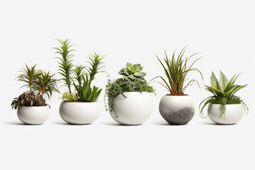 Group of various indoor cacti and succulent plants in pots isolated on a white background Generative AI