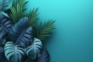 Tropical green leaves and palm branches on dark background Generative AI