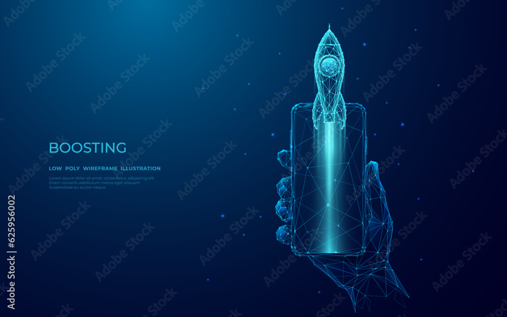 Aufkleber Abstract digital rocket launch from a smartphone screen. Hand-holding cell phone with launching spaceship on the technological futuristic background. Boosting business or internet connection concept.