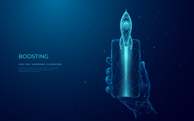 Abstract digital rocket launch from a smartphone screen. Hand-holding cell phone with launching spaceship on the technological futuristic background. Boosting business or internet connection concept.