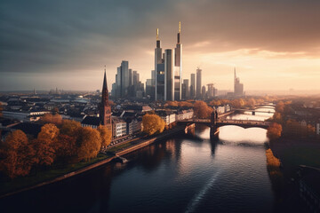 Fototapeta premium Skyscraper glass facades on a bright sunny day with sunbeams in the blue sky. Modern buildings in Paris business district La Defense. Economy, finances, business activity concept. Generative AI