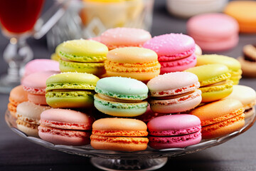 Obraz premium Colorful macaroons on plateau dessert French sweets illustration ,Generative AI