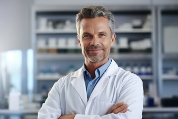 Portrait of confident mature male pharmacist standing with arms crossed in drugstore - obrazy, fototapety, plakaty