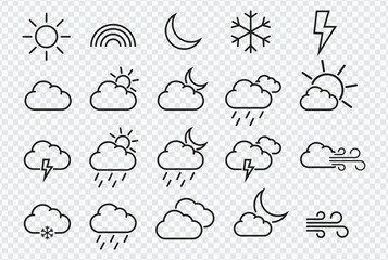 Icon Set of weather forecast, vector thin line icon collection, weather map