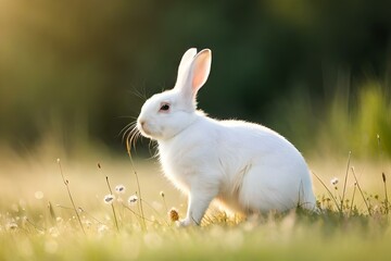 A white rabbit with soft, fluffy fur rests peacefully on a bed of lush green grass - AI Generative