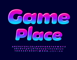 Vector colorful Emblem Game Place. Bright Bold Font. Modern Alphabet Letters and Numbers.
