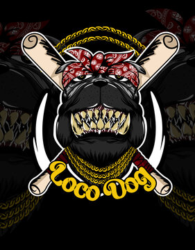 the bulldog wears a gold chain necklace and has two baseball bats in the background
