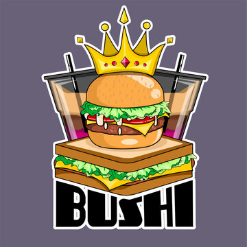 logo combination plain bun burger with creation using a crown and combined with two glasses of cold drink and the word bushi