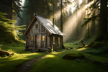A wooden hut in the middle of a lush valley - AI generative