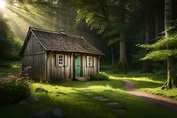 A wooden hut in the middle of a lush valley - AI generative