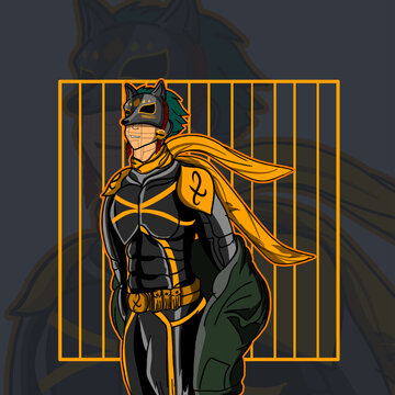ninja robot with style facing up and against a background of long city lines and Japanese for clothing brands