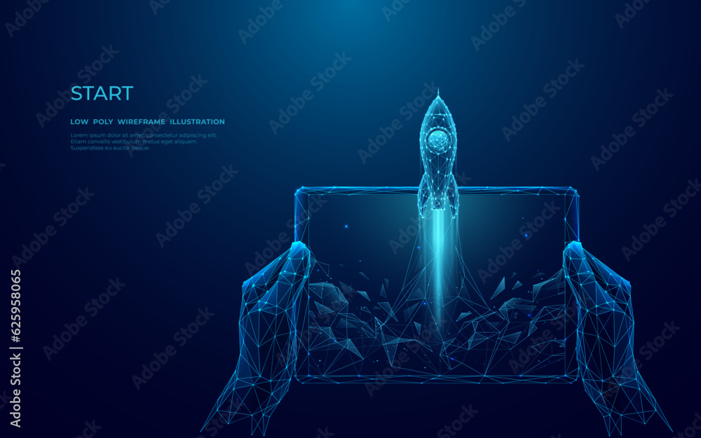 Poster Digital close-up human hand holding tablet with abstract launching rocket. First-person view of a spaceship which takeoff on dark blue background. Low poly wireframe vector illustration with 3D effect