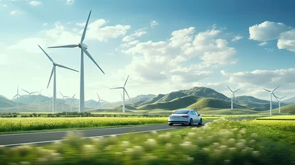 Schilderijen op glas Zero emissions car running by a green landscape with wind mills. © MiguelAngel